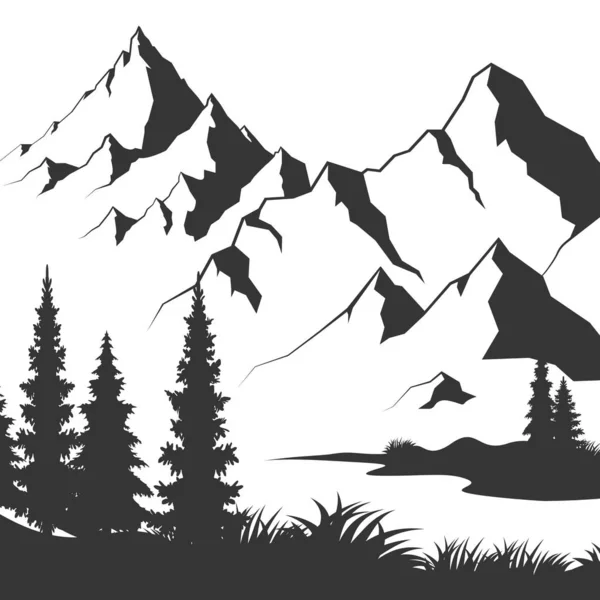 Montaña Estanque Gráfico Negro Blanco Paisaje Boceto Ilustración Vector — Vector de stock