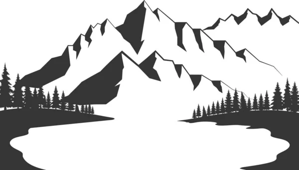 Гора Сосновими Деревами Чорний Пейзаж Білому Тлі Рука Намальована Скелястими — стоковий вектор