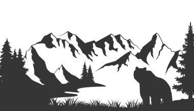 vektör dağları orman arka plan deseni kahverengi boz ayıyla kusursuz desen.