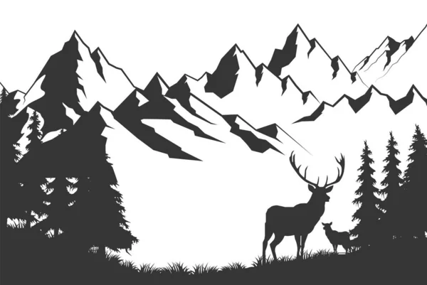 Гірський Пейзаж Оленями Лісі Озері — стоковий вектор