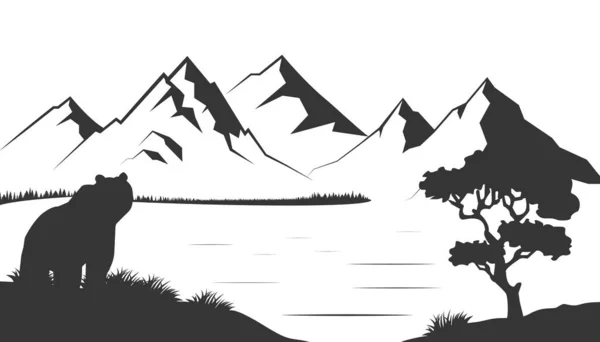 Widok Góry Baner Płaskiej Konstrukcji Kreskówki Szczyty Skalne Góry Niedźwiedzie — Wektor stockowy