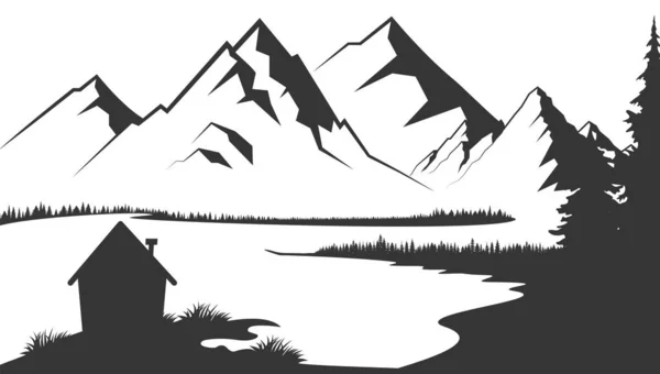マウンテンレイクシルエットグラフィックアート黒白風景イラストベクトル 山と湖の黒と白のイラスト マウンテンベクトルイラスト — ストックベクタ