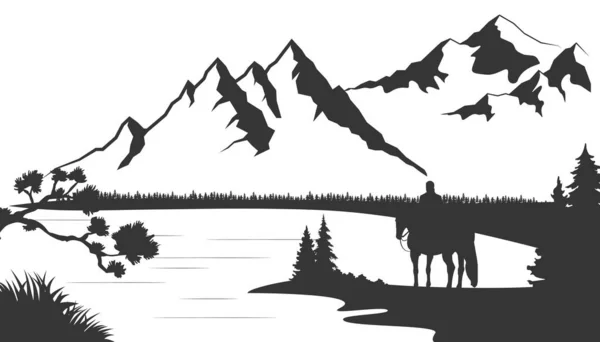 Дикий Природний Ландшафт Горами Озером Мисливцем Коней Скелями Ілюстрація Перетворена — стоковий вектор