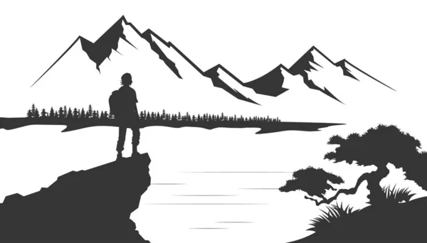 Sketch of wild nature with lake and forest. Hand drawn illustration converted to vector