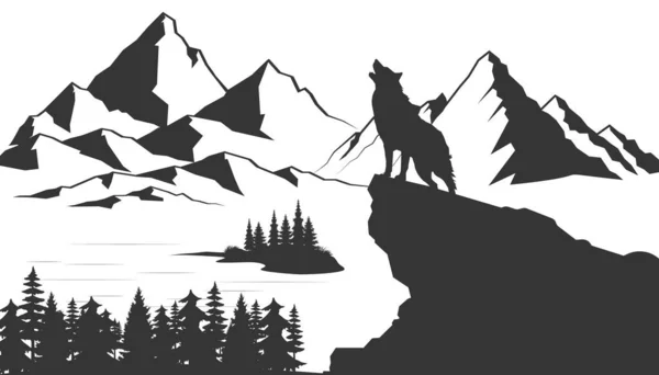 Loup Hurle Lune Bord Lac Forêt Paysage Montagne Illustration Vectorielle — Image vectorielle