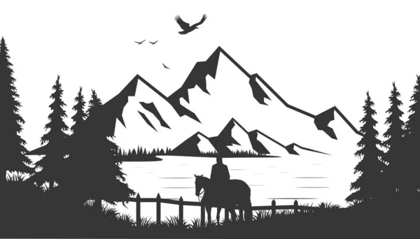 Ręcznie Rysowane Czarno Białe Górski Krajobraz Wektor Ilustracja Jeziorem Ptak — Wektor stockowy