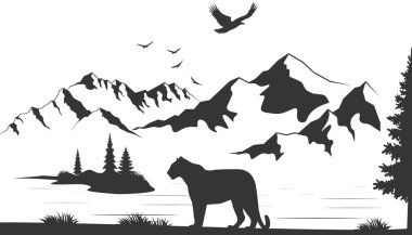 Tropikal orman, orman manzarası vektör çizimi. Çizgi film, tropiklerin düz doğası, volkan dağlarının jaguar silueti ile panorama. Tropikal macera arka planı