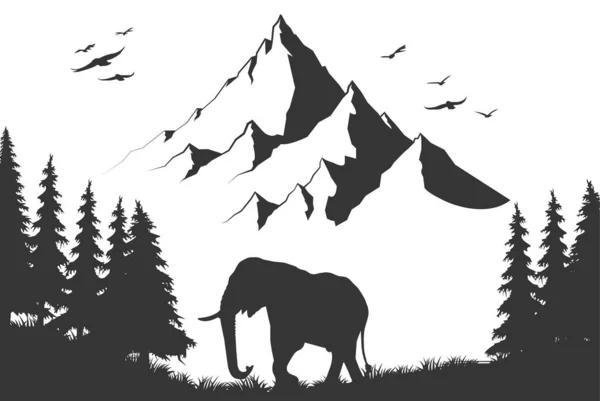 Silhouette Éléphant Noir Avec Éléphant Mahout Marchant Dans Forêt Avec — Image vectorielle