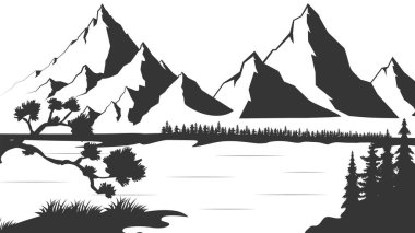 Beyaz arka planda çam ağaçları ve göl manzarası olan bir dağ. Robot resim tarzında Slhouette Rocky Peaks. Vektör illüstrasyonu