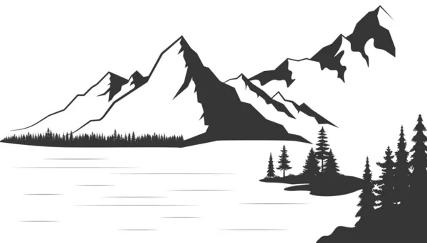 Гора Соснами Озером Пейзаж Черный Белом Фоне Ручной Рисунок Скалистых — стоковый вектор