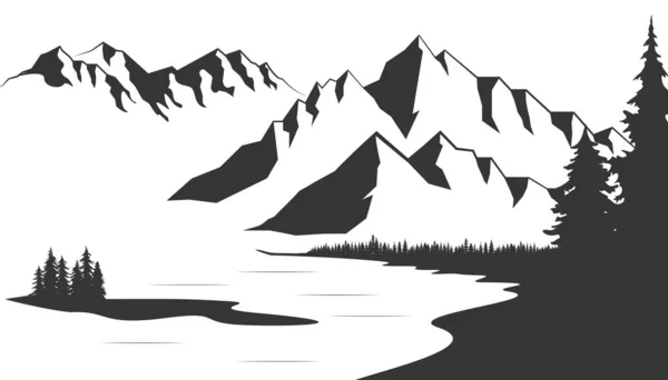 Montagne Avec Pins Paysage Lacustre Illustration Slhouette Convertie Vecteur — Image vectorielle