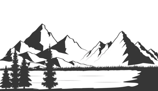 単純な手の北の風景 針葉樹林 川と丘を描いた 黒の輪郭でベクトル図面 インクスケッチ 野生動物 観光と旅行 印刷物 ポストカード ポスター — ストックベクタ