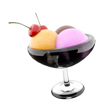 Camdan bir ikona üç kepçe dondurma koymak. 3 boyutlu muz, çikolata ve çilek aromalı dondurma ve kiraz ikonu..