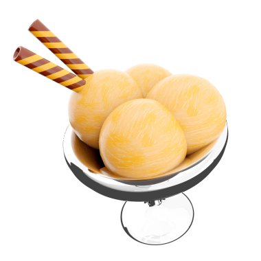 3D, cam bir ikona dört kepçe dondurma yerleştirdi. Üç boyutlu vanilyalı dondurma ve iki waffle çubuğu ikonu..