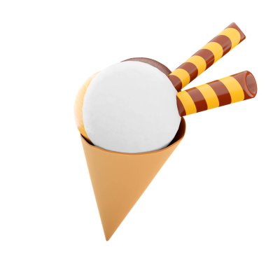 Üç kepçe dondurma ve bir waffle konisi ikonu. Üç boyutlu dondurma, çikolata, muz ve iki çubuk ikonlu süt aromalı..