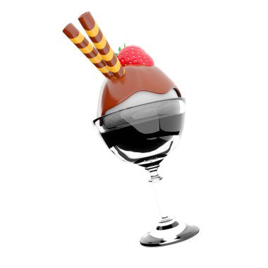 Çikolata soslu dondurma kepçesi ve çubuk ikonlu çilek. Vanilya aromalı bir bardakta 3 boyutlu dondurma..