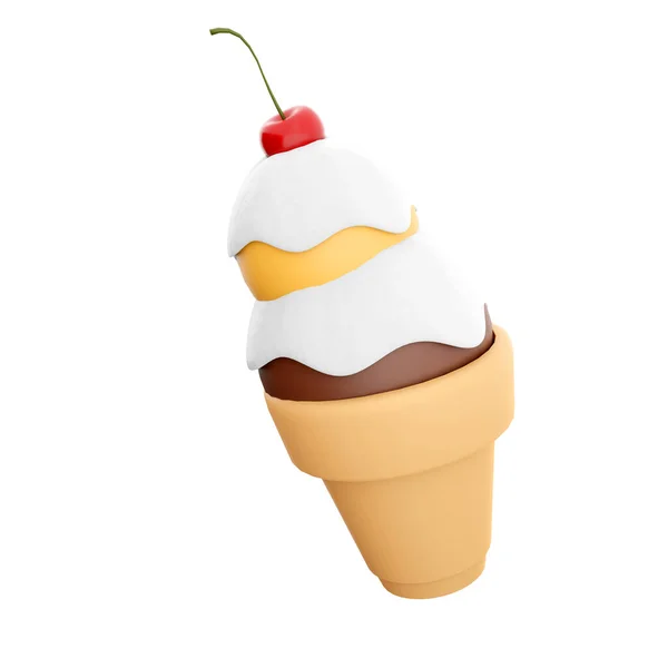 3D渲染冰淇淋与两个球和樱桃图标 3D用巧克力 香蕉球和牛奶填充图标渲染华夫饼饼皮 — 图库照片