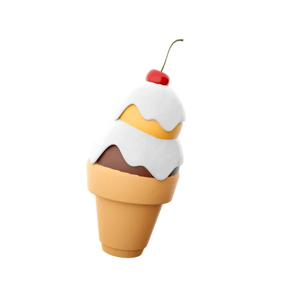 Rendering Ice Cream Two Balls Cherry Icon Render Waffle Crust — Stock Photo, Image