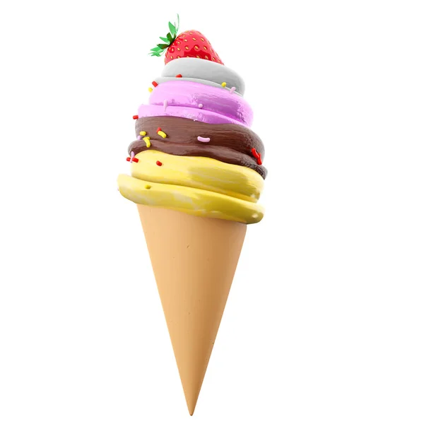 Rendering Cream Ice Cream Waffle Peel Strawberries Icon Render Vanilla — Stock Photo, Image