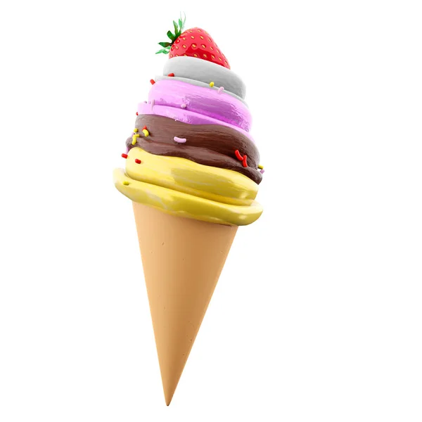 3D渲染奶油冰淇淋与华夫饼皮和草莓图标 3D制作香草 巧克力 草莓味冰淇淋 并配上粉末图标 — 图库照片