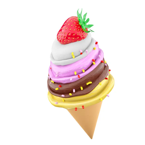 3D渲染奶油冰淇淋与华夫饼皮和草莓图标 3D制作香草 巧克力 草莓味冰淇淋 并配上粉末图标 — 图库照片