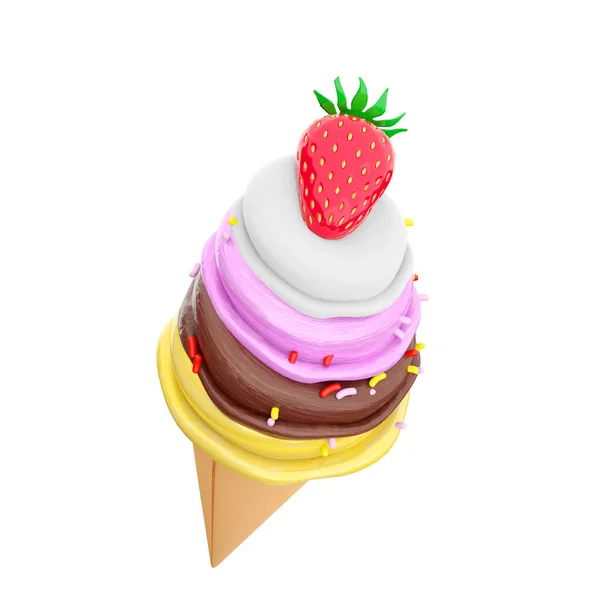 ワッフルピールとイチゴのアイコンと3Dレンダリングクリームアイスクリーム 3Dレンダリングバニラ チョコレート バナナ 粉末アイコンとストロベリー風味のアイスクリーム — ストック写真
