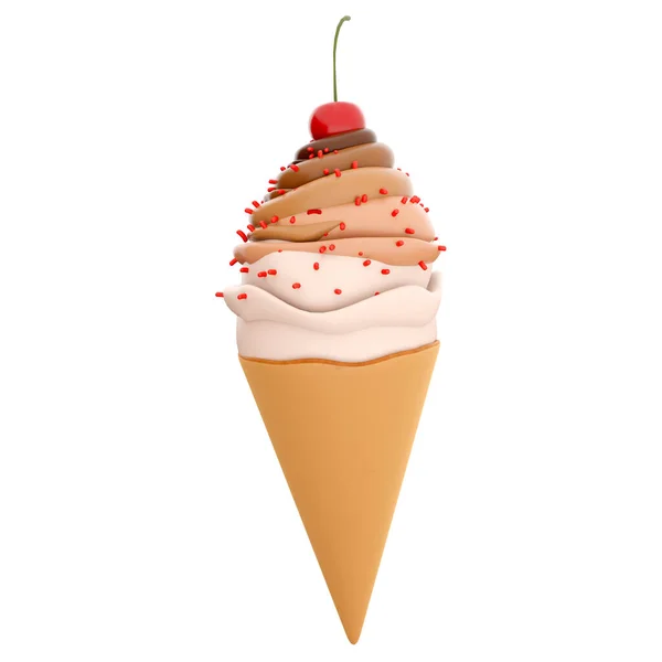 3D渲染奶油冰淇淋与樱桃图标 3D渲染香草 巧克力味冰淇淋与洒水图标 — 图库照片