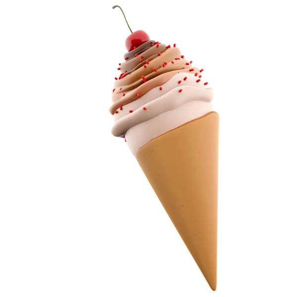 チェリーアイコンで3Dレンダリングクリームアイスクリーム 3Dレンダリングバニラチョコレート風味のアイスクリームスプリンクルアイコン — ストック写真