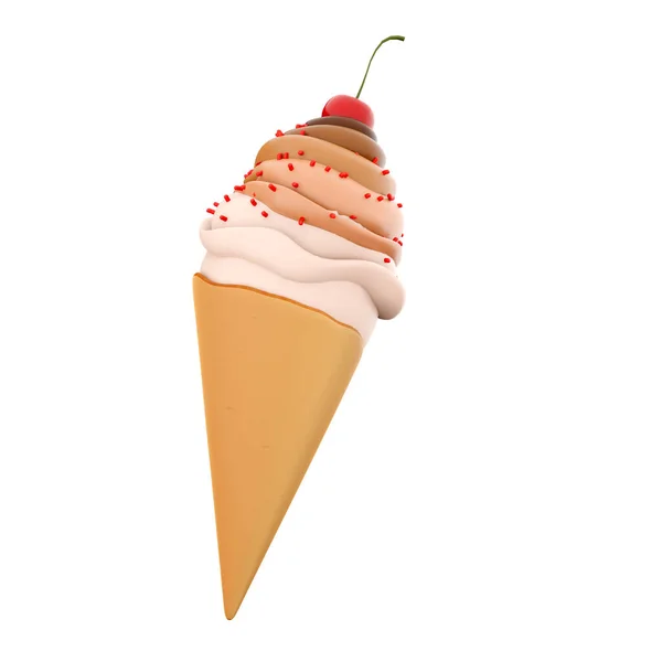 チェリーアイコンで3Dレンダリングクリームアイスクリーム 3Dレンダリングバニラチョコレート風味のアイスクリームスプリンクルアイコン — ストック写真