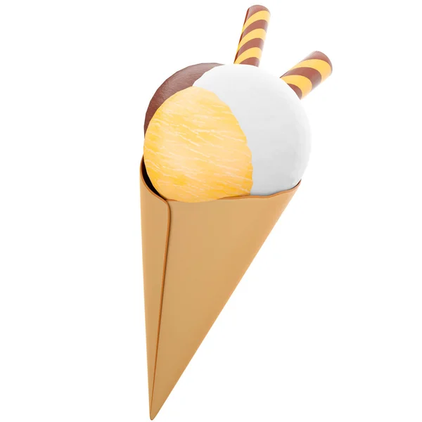 3D渲染冰淇淋与三个勺子和一个华夫饼锥形图标 3D将冰淇淋与巧克力 香蕉和牛奶调味用两根木棍做成图标 — 图库照片