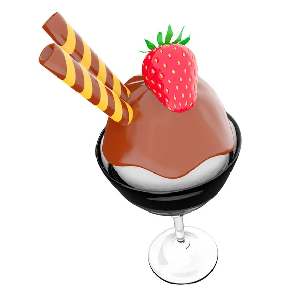 Rendering Ice Cream Scoop Chocolate Topping Strawberries Sticks Icon Render — Stock Photo, Image