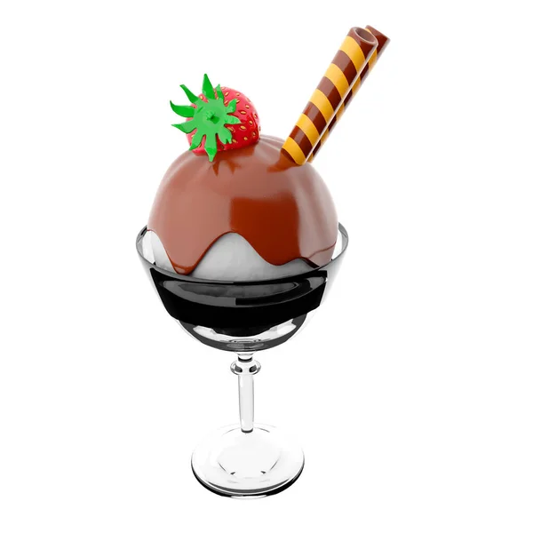 Rendering Eiskugel Mit Schokolade Topping Und Erdbeeren Mit Sticks Symbol — Stockfoto