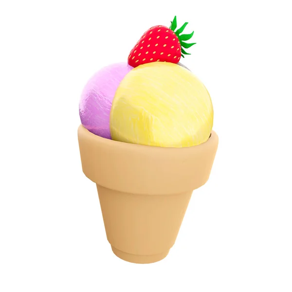 3Dレンダリングバナナ チョコレート ラズベリー風味と上のアイコン上のイチゴとアイスクリームの3つのアイスクリームボール 3Dレンダリングサンデーアイスクリームアイコン — ストック写真