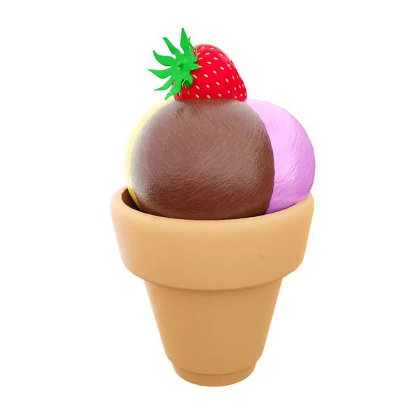 3D制作了三个冰激凌球 顶部图标上有香蕉 巧克力 覆盆子味和草莓 3D渲染圣代冰淇淋图标 — 图库照片