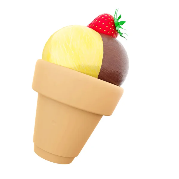 3Dレンダリングバナナ チョコレート ラズベリー風味と上のアイコン上のイチゴとアイスクリームの3つのアイスクリームボール 3Dレンダリングサンデーアイスクリームアイコン — ストック写真