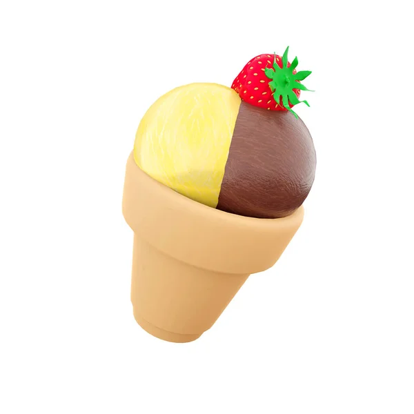 Rendering Von Drei Eiskugeln Mit Banane Schokolade Himbeergeschmack Und Erdbeeren — Stockfoto