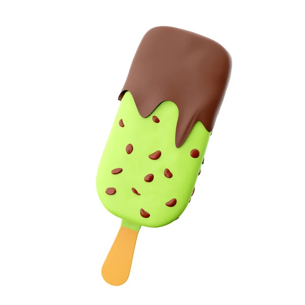 3Dレンダリング夏のデザートおいしいアイスクリームアイコン 3Dレンダリングアップルポプシクルチョコレート充填とナッツアイコン — ストック写真