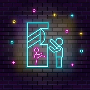 Çocuk oyuncu retro oyun konsolu neon duvarda. Koyu arkaplan tuğla duvar neon simgesi.