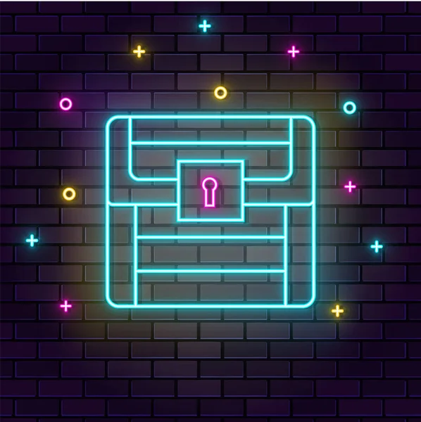 Treasure Chest Pirate Retro Neon Wall Dark Background Brick Wall — Stock Vector