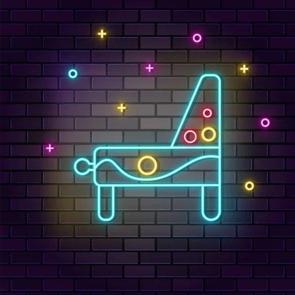 Duvarda tilt oyunu atari salonu retro neonu var. Koyu arkaplan tuğla duvar neon simgesi.