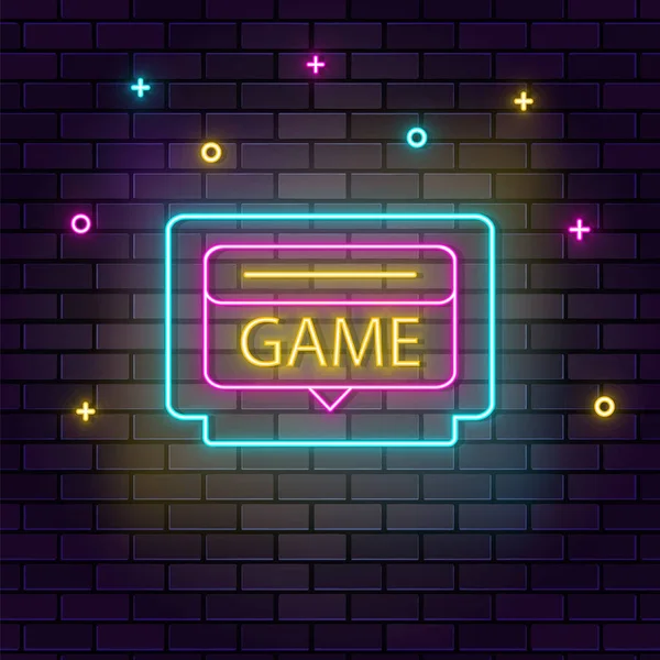 Oyun kartuşu retro arcade neon duvarda. Koyu arkaplan tuğla duvar neon simgesi.