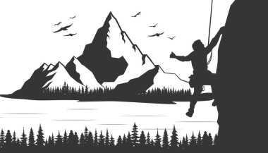Kaya çıkıntısına tırmanan adam. Arka planda dağlar ve orman var. Çizim ile dağcı silueti.