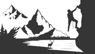 Masaüstü için dağcı duvar kağıdı. Bir uçuruma tırmanan ve arka planda dağları olan.