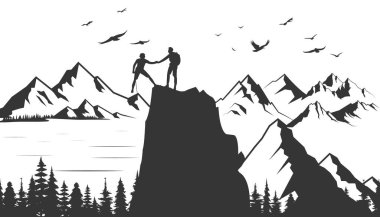 Dağ ve orman arka planında bir dağa tırmanırken birbirlerine yardım eden bir grup siluet. İş, başarı, liderlik, başarı ve hedef kavramı. Vektör illüstrasyonu