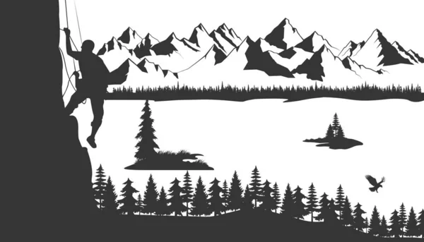 Человек Карабкается Скалам Горы Лес Заднем Плане Силуэт Альпиниста Черно — стоковый вектор