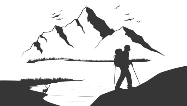 Ilustrație Vectorială Silueta Unui Alpinist Excursie Izolată Fundal Alb — Vector de stoc