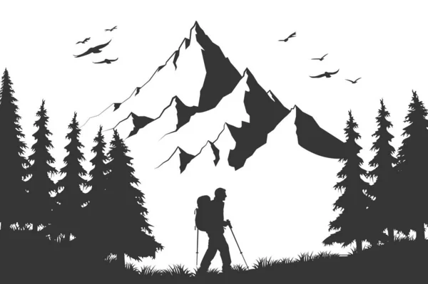 登山者のハイキングやトレッキングバックパックで山の森の屋外の荒野の風景 ベクトルイラストを歩く — ストックベクタ