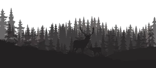 Horizontal Banner Silhouette Deer Doe Fawn Standing Meadow Forrest Silhouette — Stock Vector