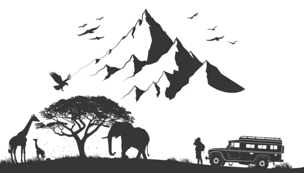 Illustrazione Realistica Safari Africani Con Paesaggio Montano Alberi Elefante Giraffa — Vettoriale Stock