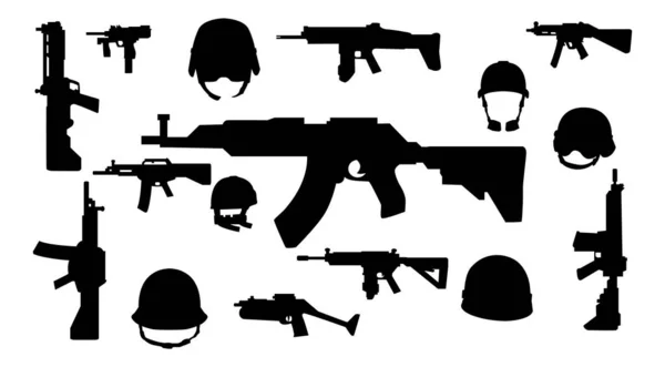 Weapons Silhouette Set Collection Various Realistic Firearms Isolated Assult Rifles — Stock Vector